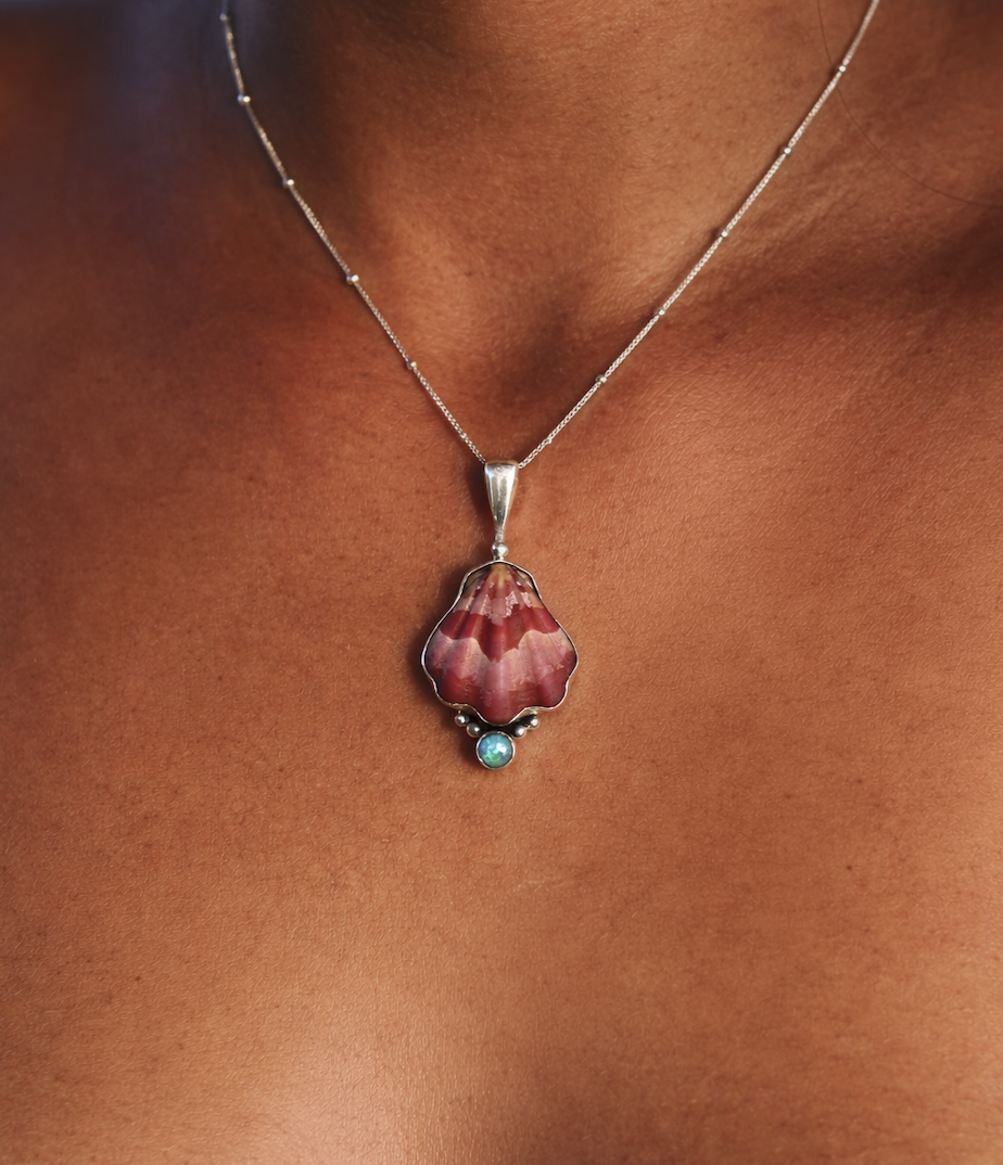 Blue Opal and Japanese Decatopecten Necklace