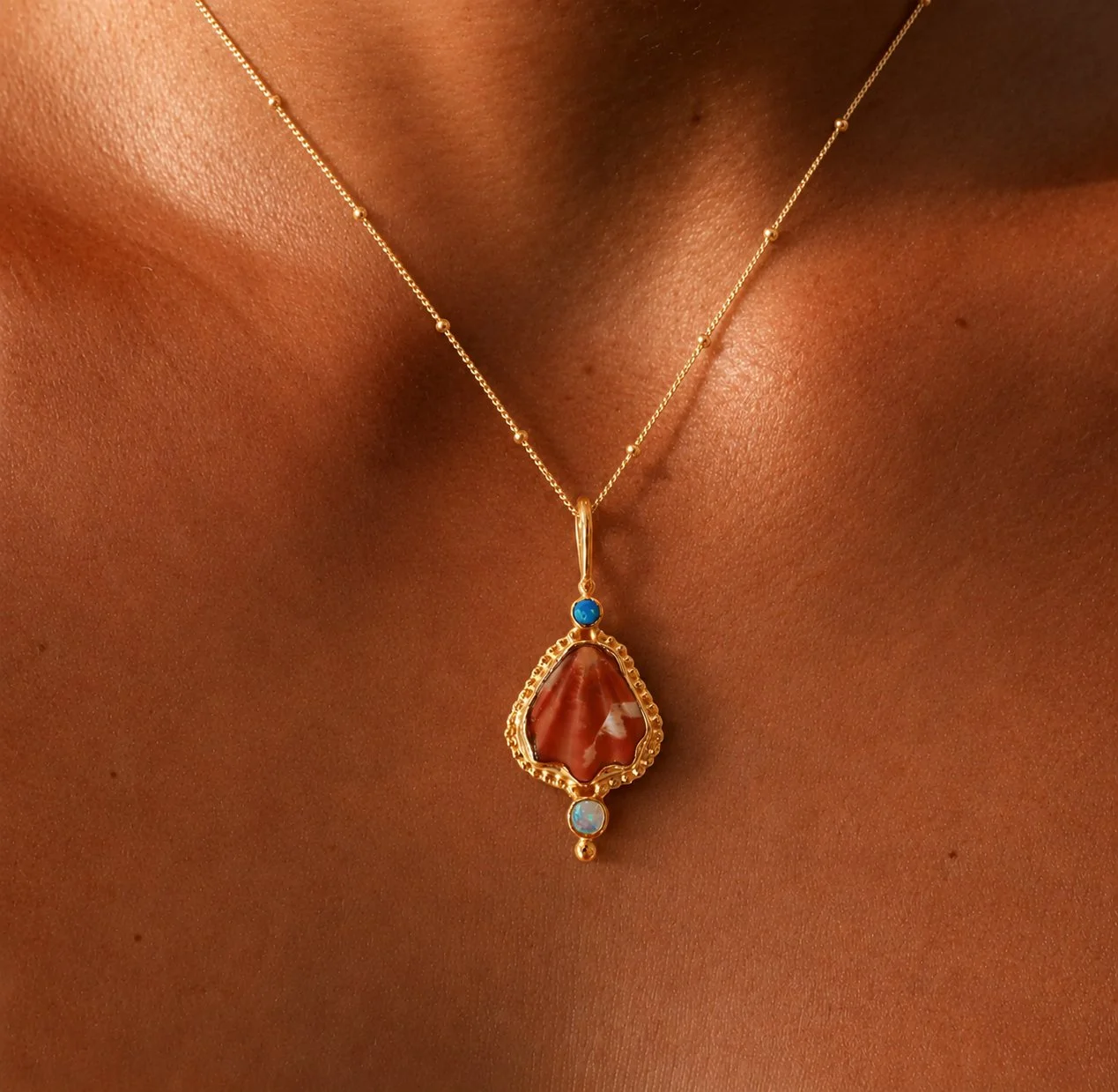 Gold Japanese Decatopecten and Double Opal Necklace