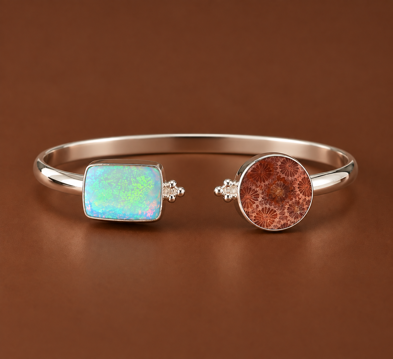 Fossilised Coral and Opal Cuff