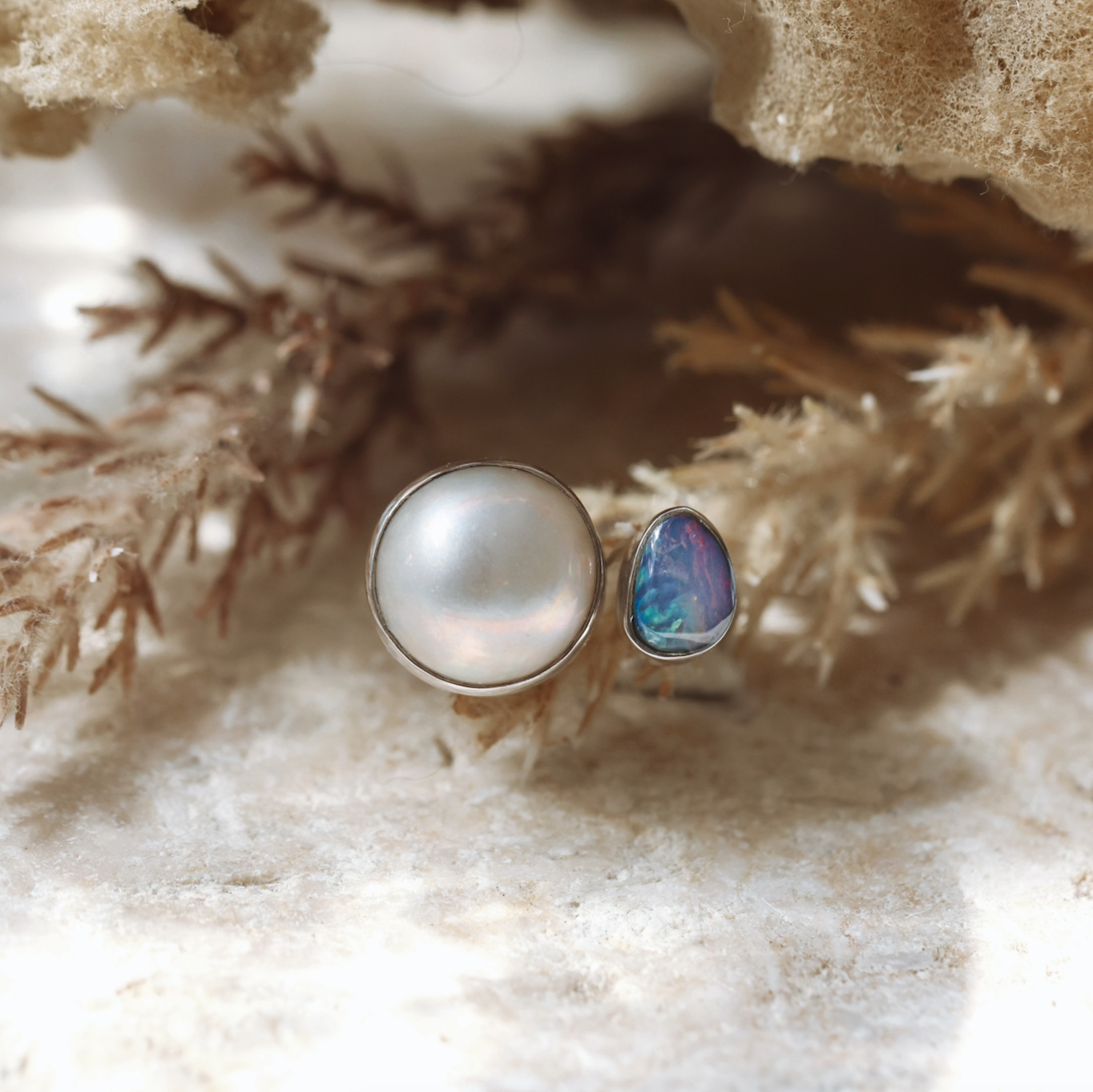 Australian Opal and Mabe Pearl Ring 7 -N 1/2