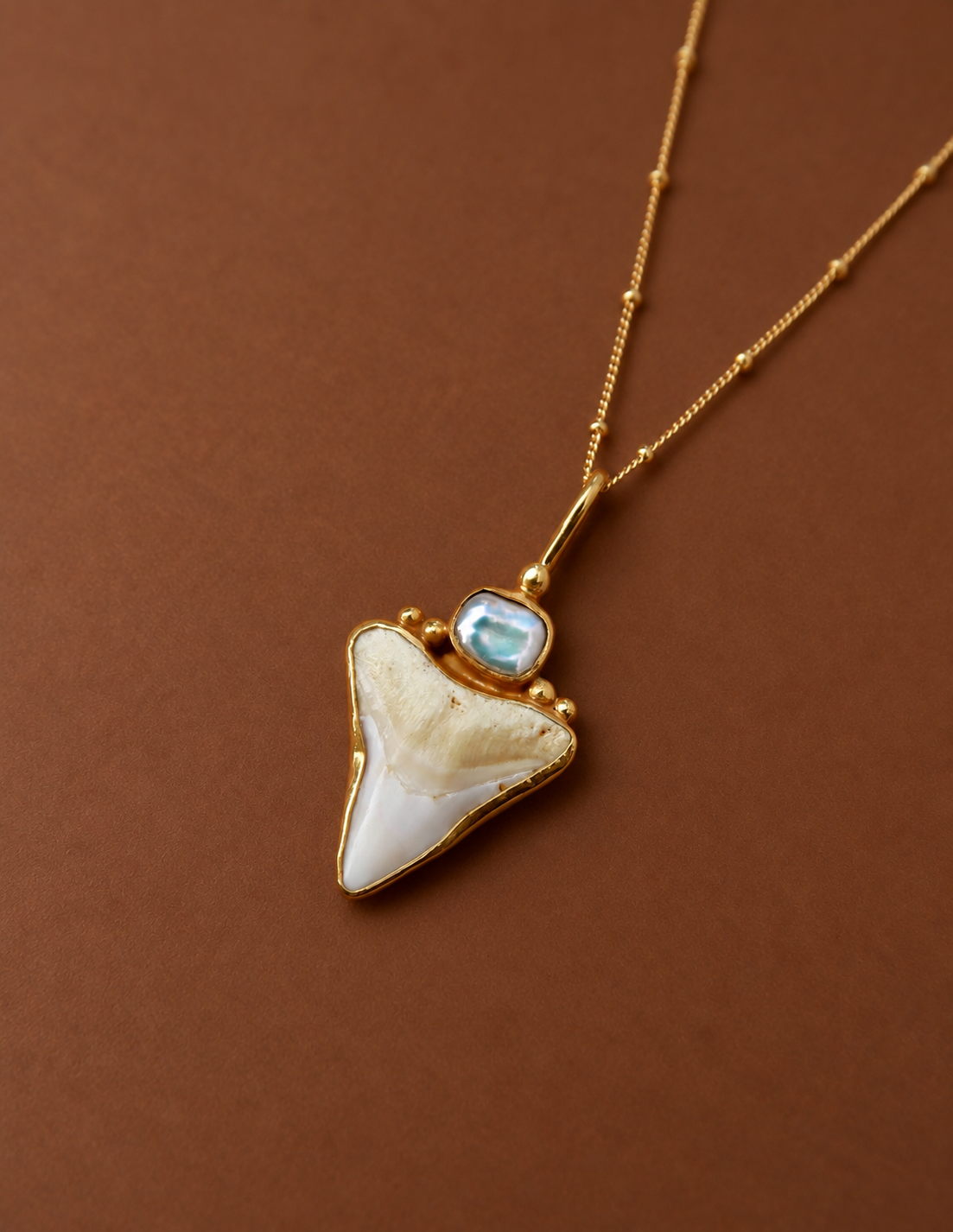 Gold Pearl and Shark Tooth Necklace Pendant