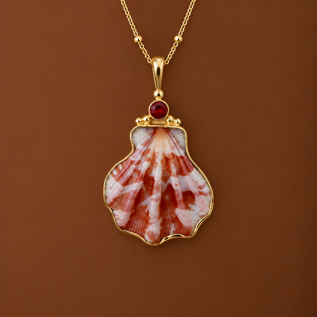 Gold Japanese Decatopecten and Ruby Pendant