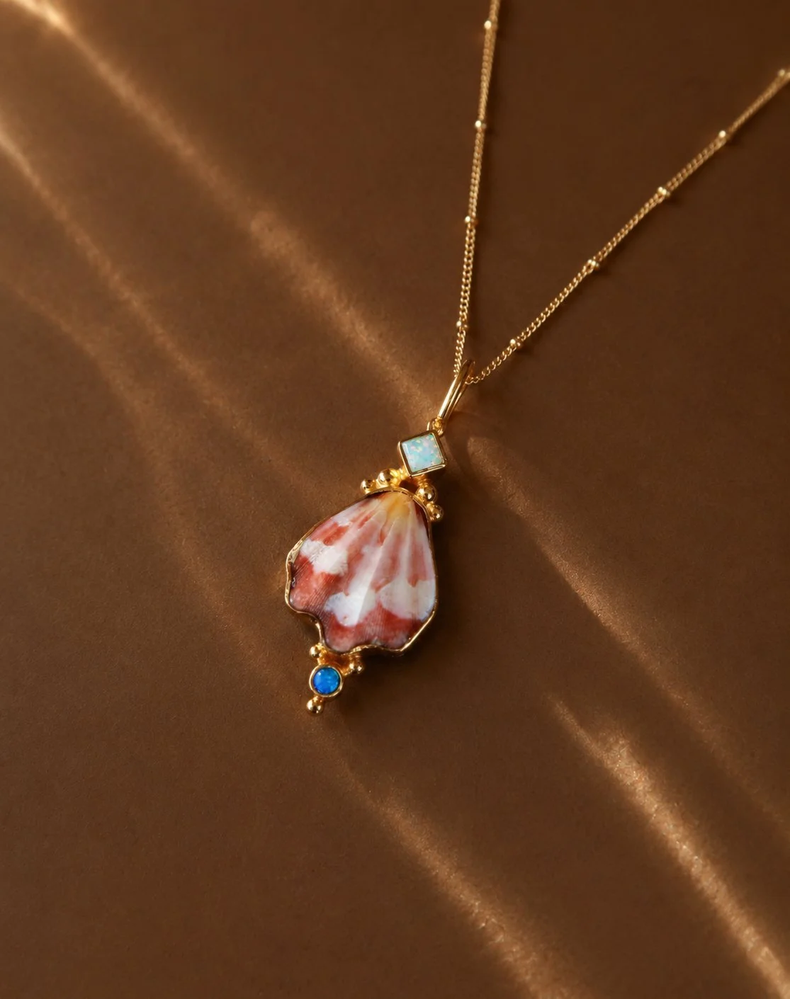 Gold Japanese Decatopecten and Double Opal Necklace