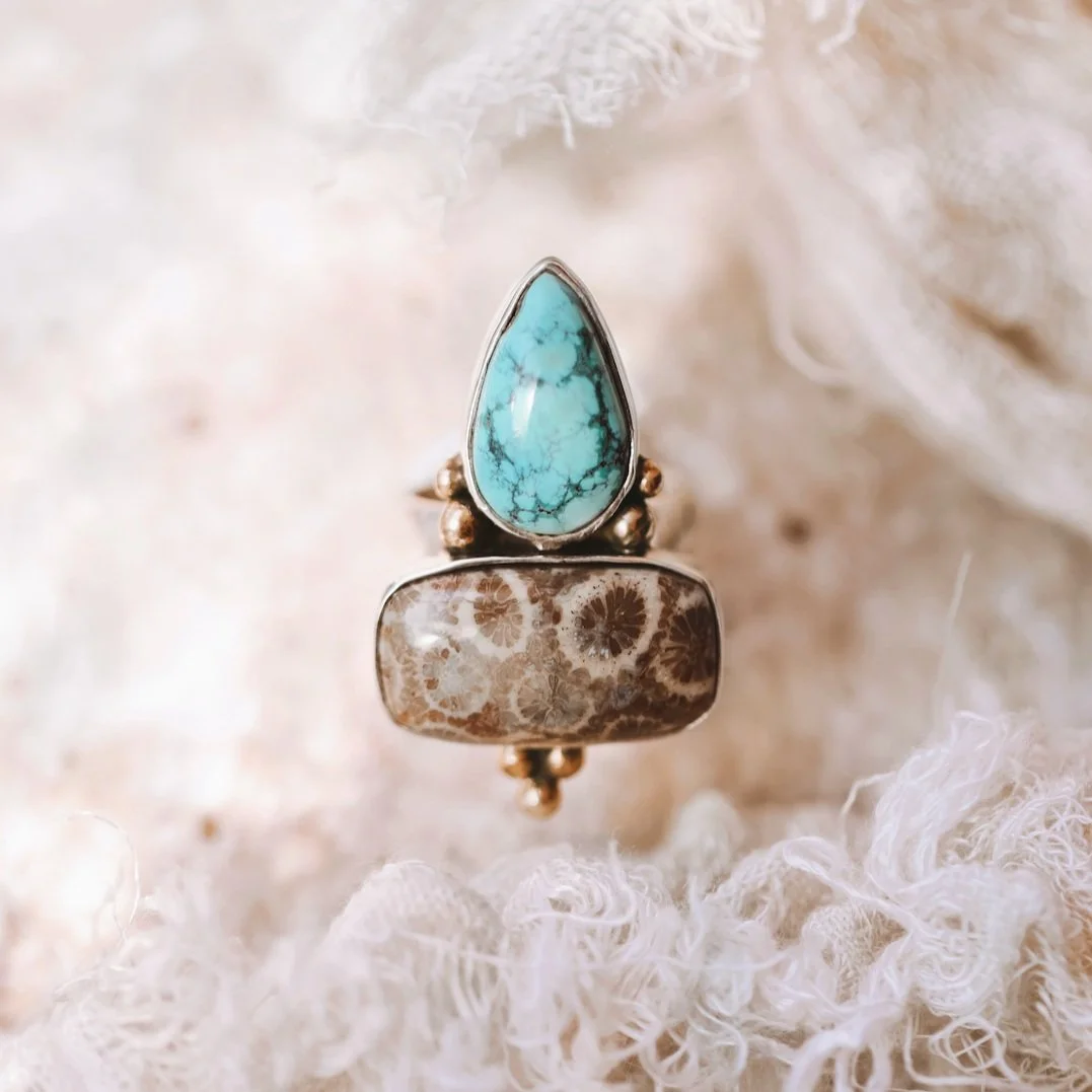 Size 6  Fossilised Coral and Turquoise