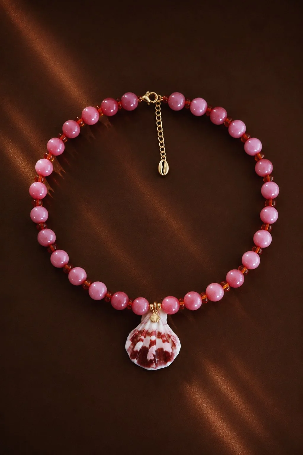 Decatopecten and Pink Glass Bead Necklace