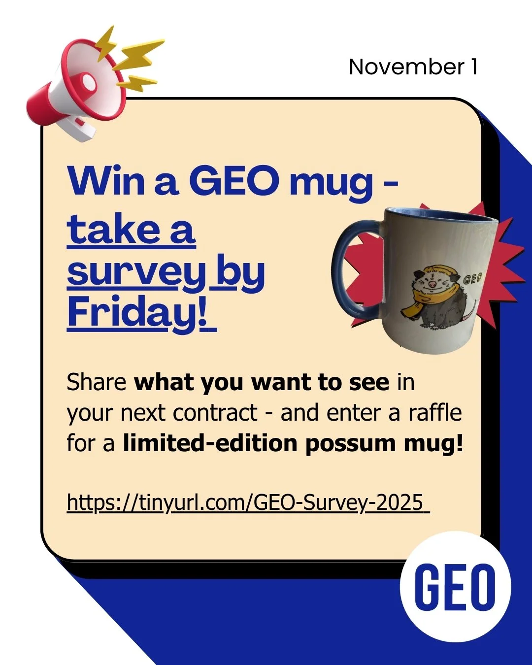 You heard us right - you can win a limited-edition possum mug 😍

We want to hear from you. Share what matters to YOU the most as a grad workers and what benefits you want to have next year. Take our anonymous survey by the end of Friday, November 7,