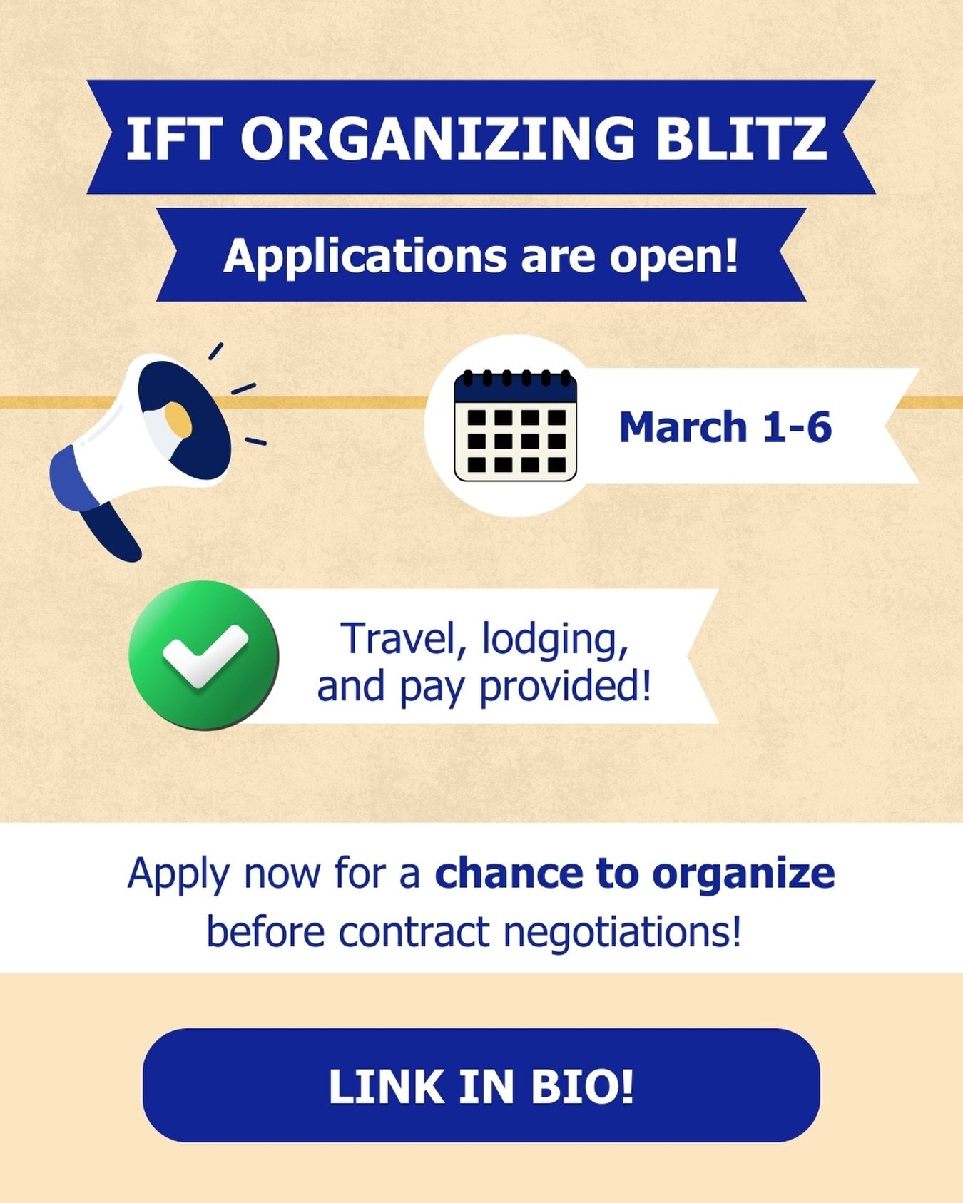 The Illinois Federation of Teachers (IFT), our parent union, is hosting an organizer training workshop followed by a week of on-the-ground organizing to engage with bargaining unit members.

We are looking to send several of our members!

This is a g