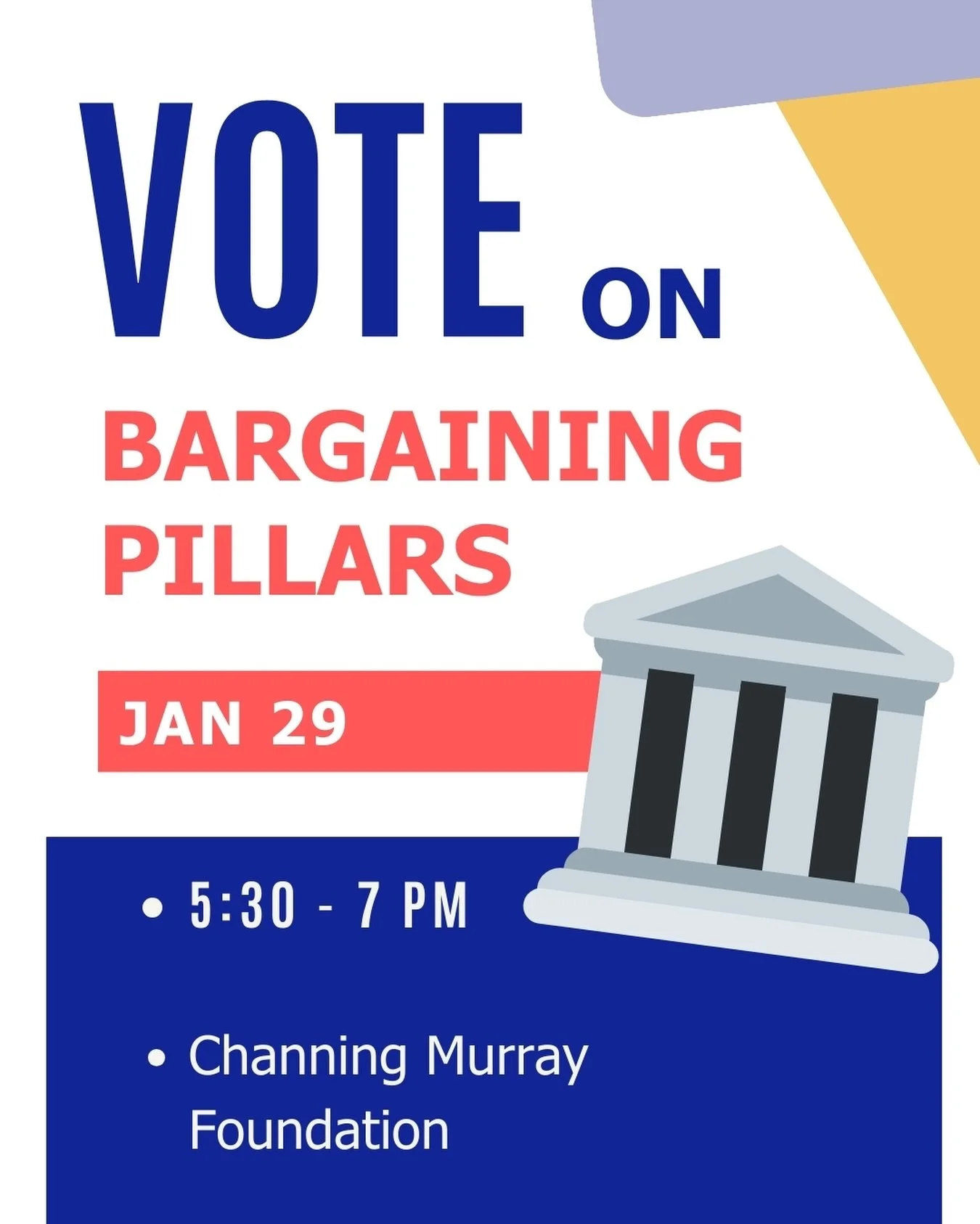 This Thursday, we have an important meeting. Not only will we share bargaining updates, but our bargaining PILLARS are going to be presented and VOTED on.

ℹ️ These pillars are going to define the direction of our bargaining coming this spring! Sound