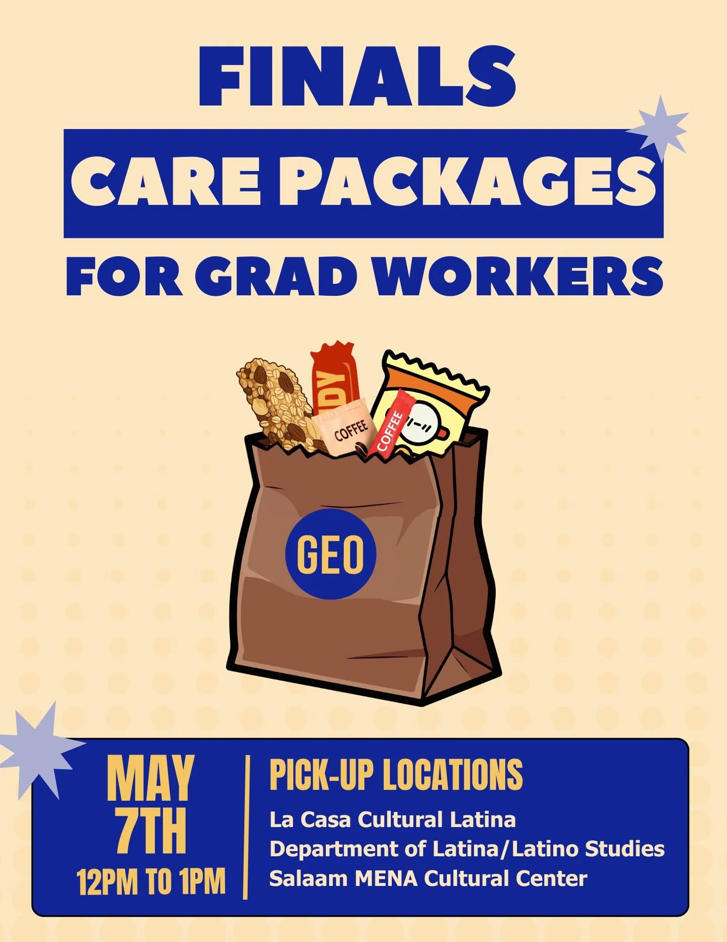 We are giving away care packages together!
 
On Reading Day, stop by
📍 La Casa Cultural Latina
📍 Department of Latina/Latino Studies
📍 Salaam MENA Cultural Center
for your goodie bag 🫶

🗓️ May 7, 12-1 PM