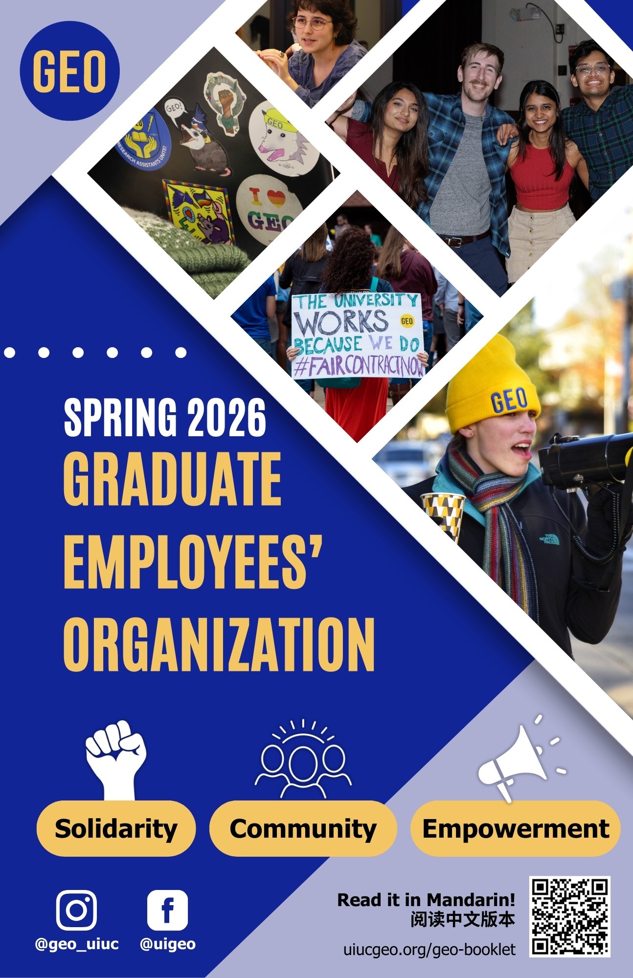 GEO Booklet cover featuring it's name, core values (solidarity, community, empowerment), links to @geo_uiuc Instagram and @uigeo Facebook accounts, and a link to read the booklet in Mandarin (found on this page).