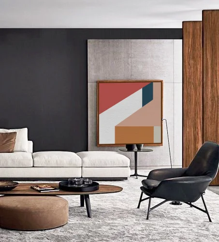 TELA SÉRIE TRAÇOS - paleta quente - TAMANHO 104X 104CM | MOLDURA BAGUETE COR FREIJÓ