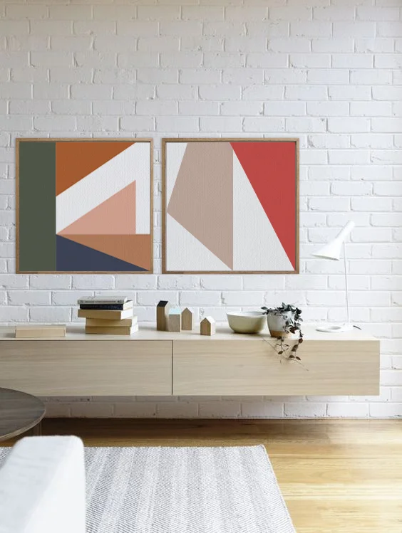 TELA SÉRIE TRAÇOS - duo na paleta quente - TAMANHO 74 x 74cm cada | MOLDURA BAGUETE COR FREIJÓ