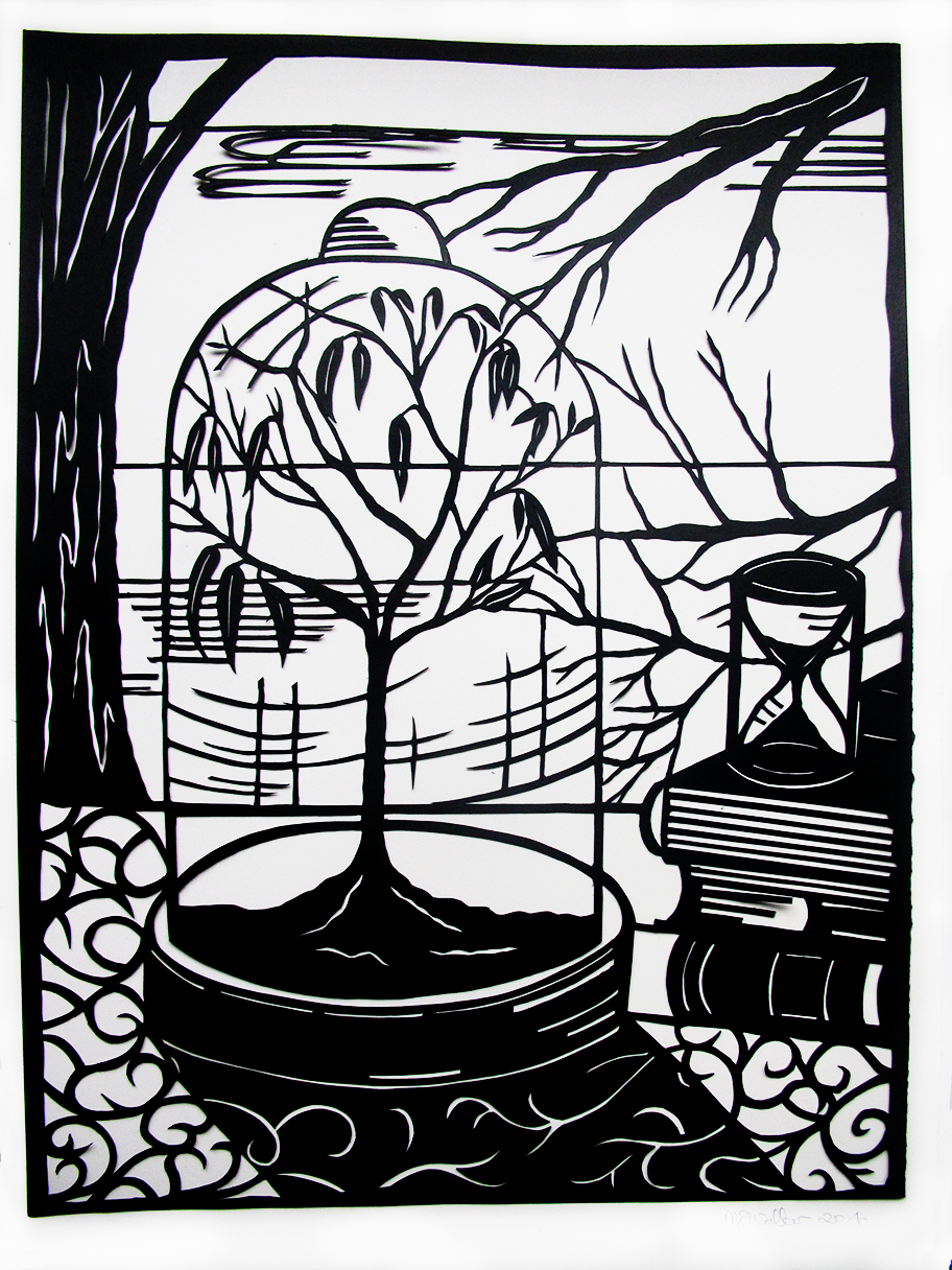 Artist’s Statement Hand cut from a single sheet of paper, this work was made for a group exhibition, Artists for the Tarkine held at Brightspace Gallery, St Kilda in 2014. It represents the fragility of our natural world and the choices we make. It was part of a concerted effort to raise money to save this unique rainforest ecosystem from destruction. That work goes on.