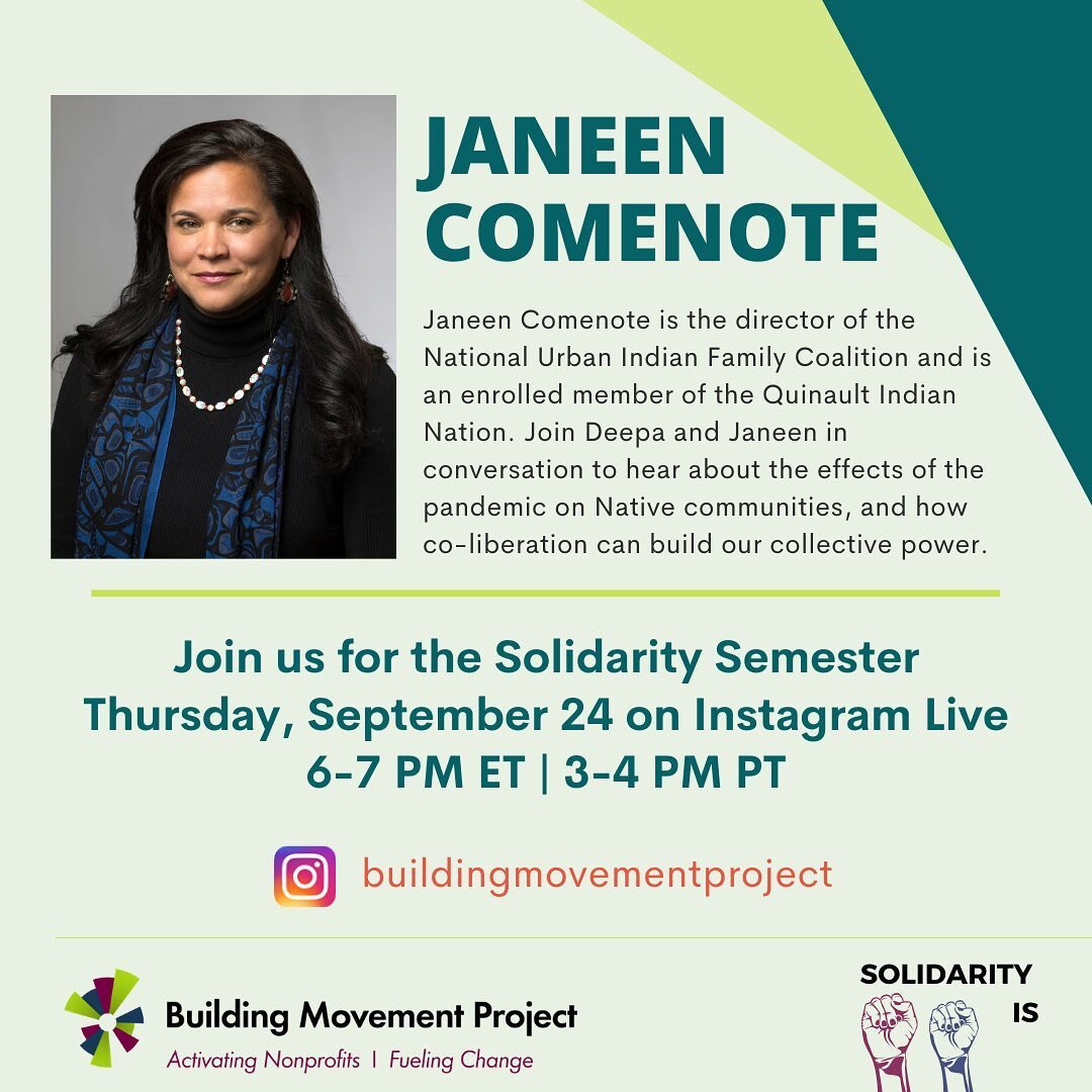 Please join the NUIFC's Executive Director, Janeen Comenote, TODAY a 3 p.m. PST as she joins dviyer &amp; the @buildingmovementproject for their #SolidaritySemester on Instagram live! They'll be discussing the impact of #COVID19 on indigenous communi