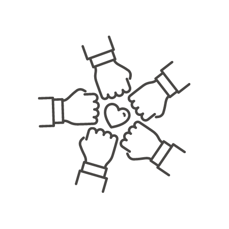 Line drawing of five hands making fists surrounding a heart symbol, indicating unity or friendship.