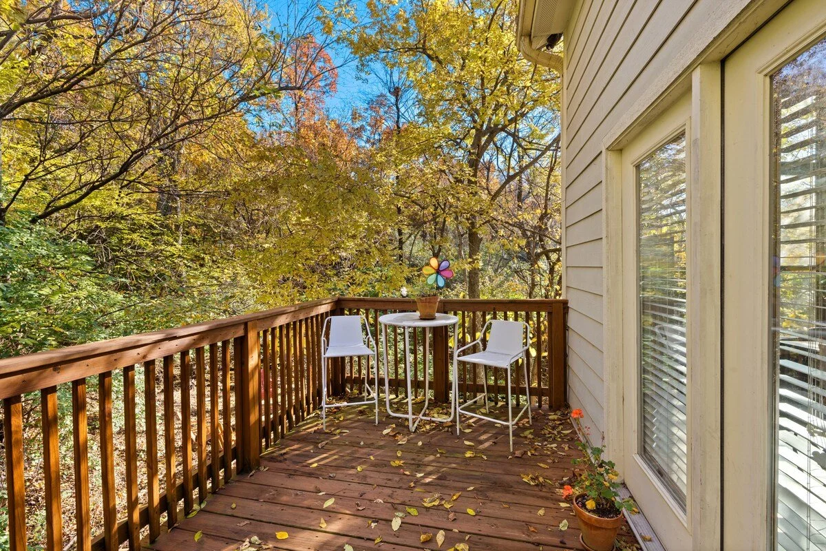 Outside, unwind in one of our FOUR outdoor living spaces! Before entering our home, you’ll see the cozy seating area located on the front deck of our home. This is our favorite place to enjoy our morning cup of coffee while enjoying the sights and so