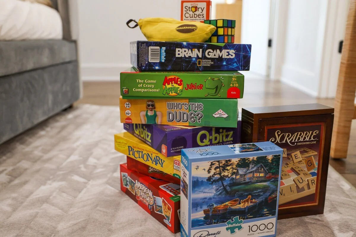 Next to the TV,  you will find a basket with tons of games, including Scattergories, Apples to Apples, Scrabble, Bananagrams and more. Get ready for some friendly competition!