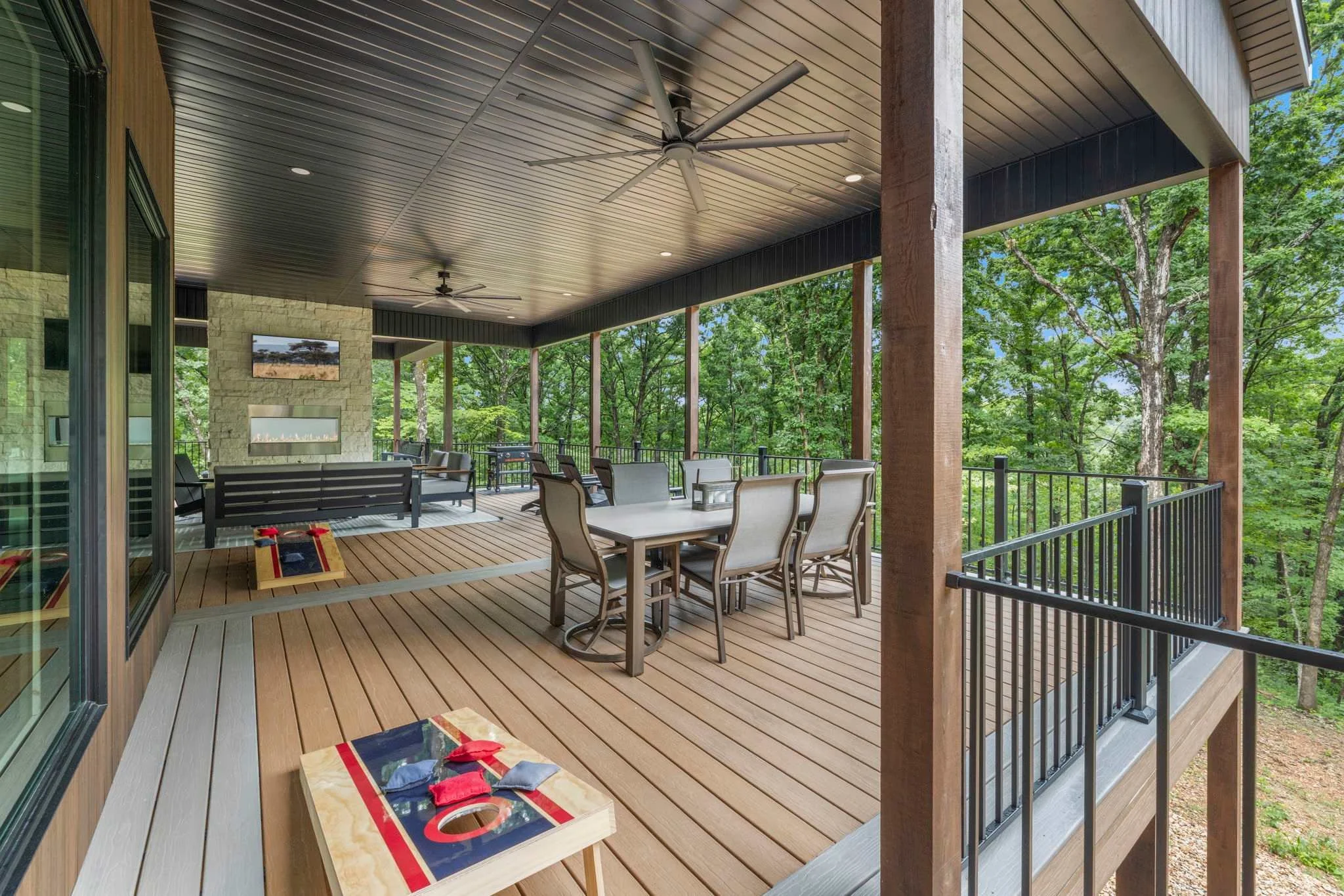 Fire up the Blackstone flat-top grill and enjoy a meal on the large dining table. 