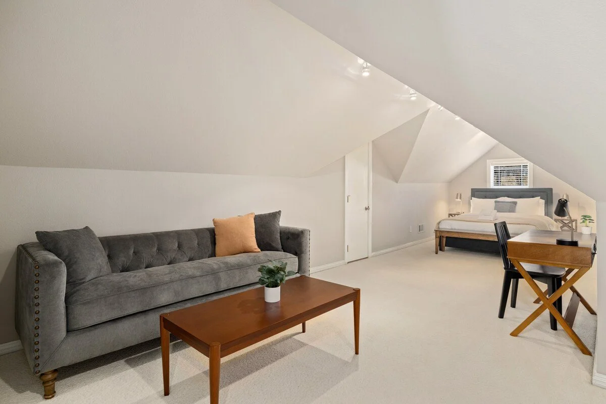 On the third story of our home, we have an additional two bedrooms, one with 2 Queen-size beds, and the other with 1 Queen-size bed + a private lounge area with a 45-inch Smart TV with Roku.
