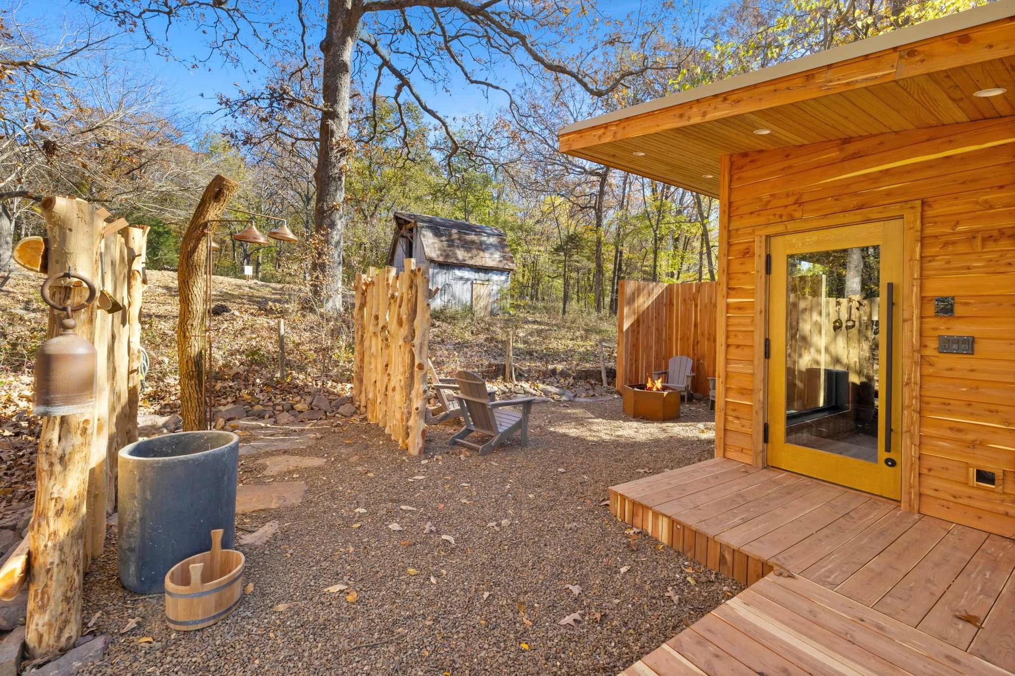 After your Sauna, rinse off in the outdoor shower to the left.