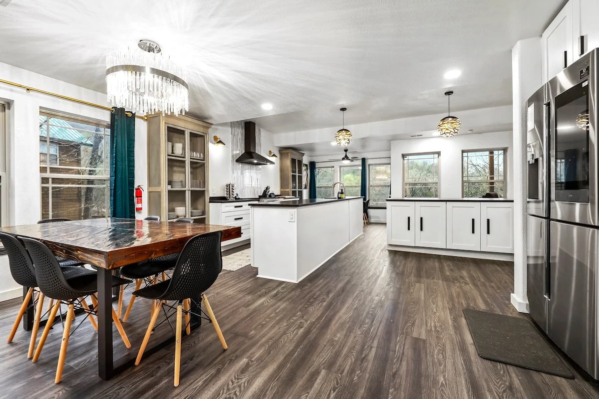 Left of our kitchen, the first of two dining tables for 6 is located.