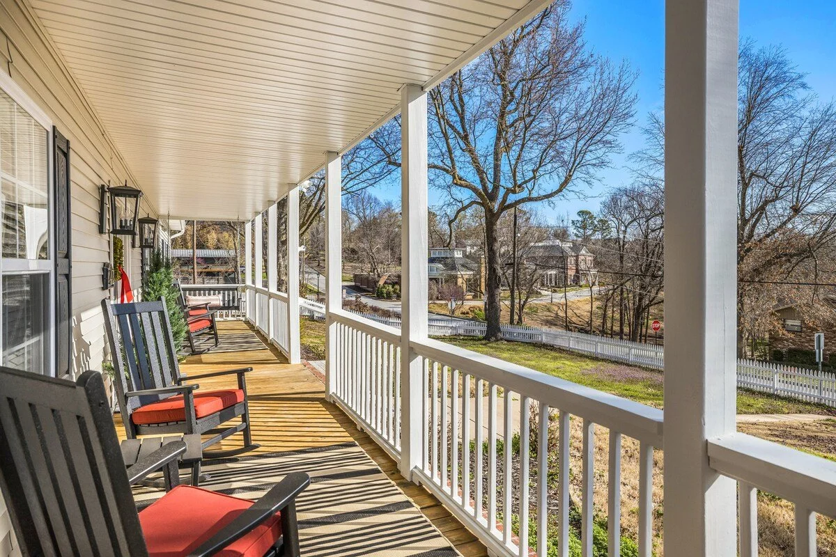 Enjoy our rocking chairs and hanging wooden swings on the downstairs porch.