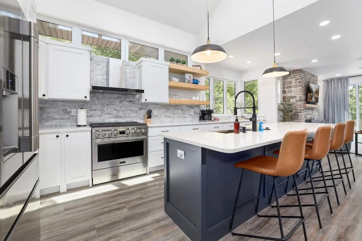 The kitchen is fully stocked and has plenty of room to cook and enjoy a meal with your family. 