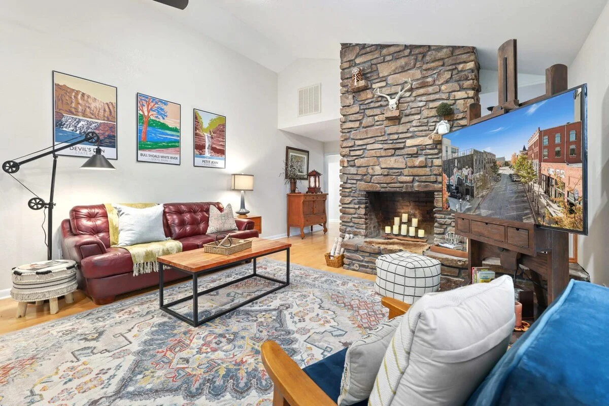 You'll also have access to our stunning stone fireplace - filled with candles instead of wood - and 60-inch Samsung Smart TV with Amazon Firestick. From here, you'll also have access to our upper deck.