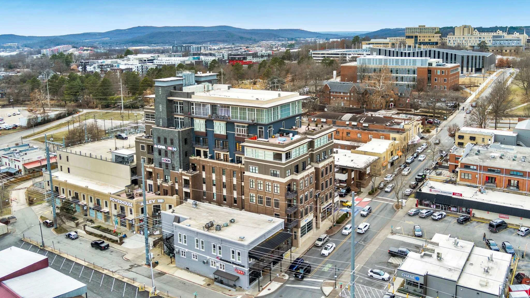 Our private apartment is located in a desirable high rise located RIGHT ON Dickson Street! Our apartment has 1 dedicated parking spot in a covered parking garage. 