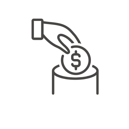 Outline of a hand dropping a coin with a dollar sign into a container or hole.