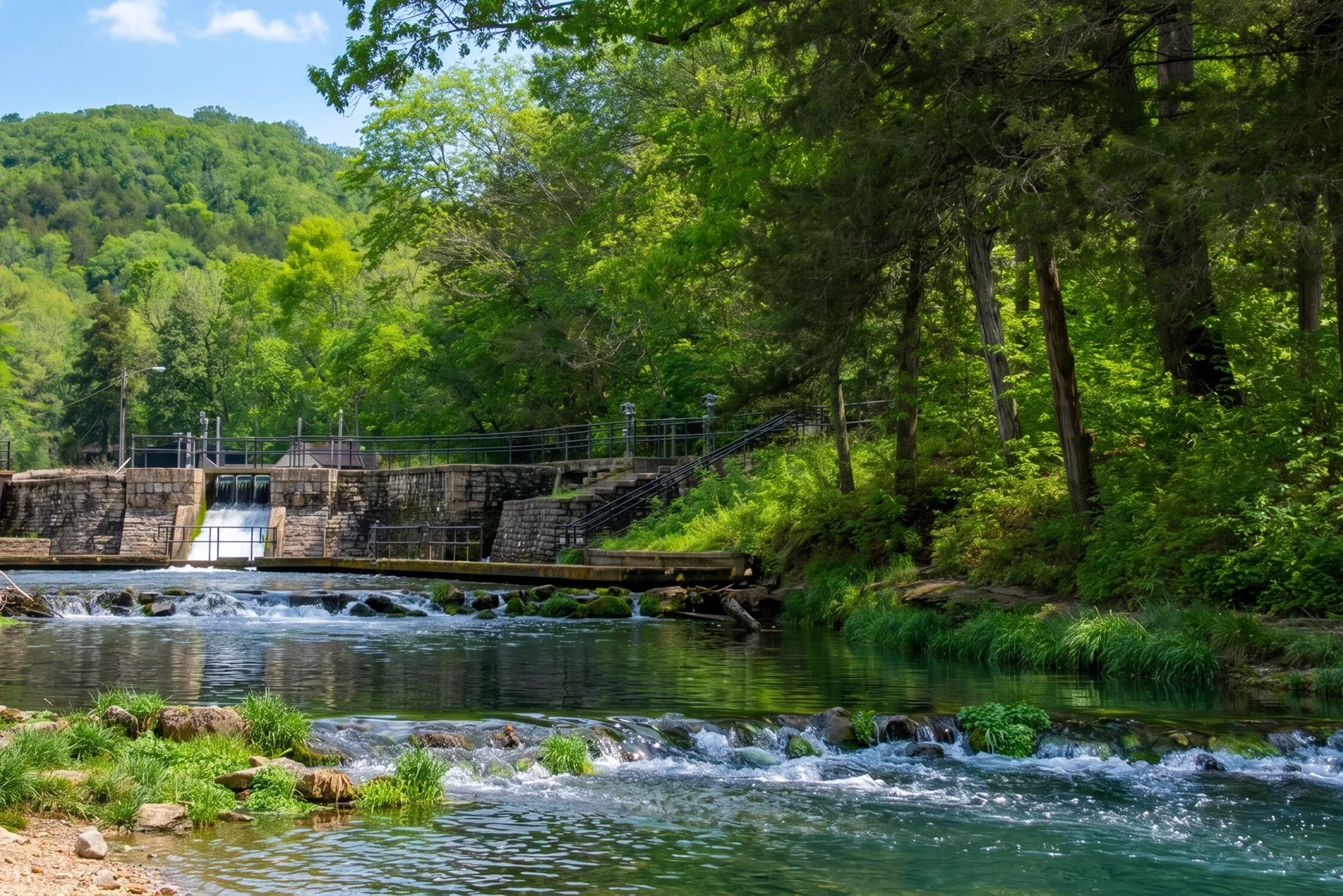 The Roaring River Dam is a central landmark in the park, separating the upper spring and hatchery from the lower trout-fishing zones