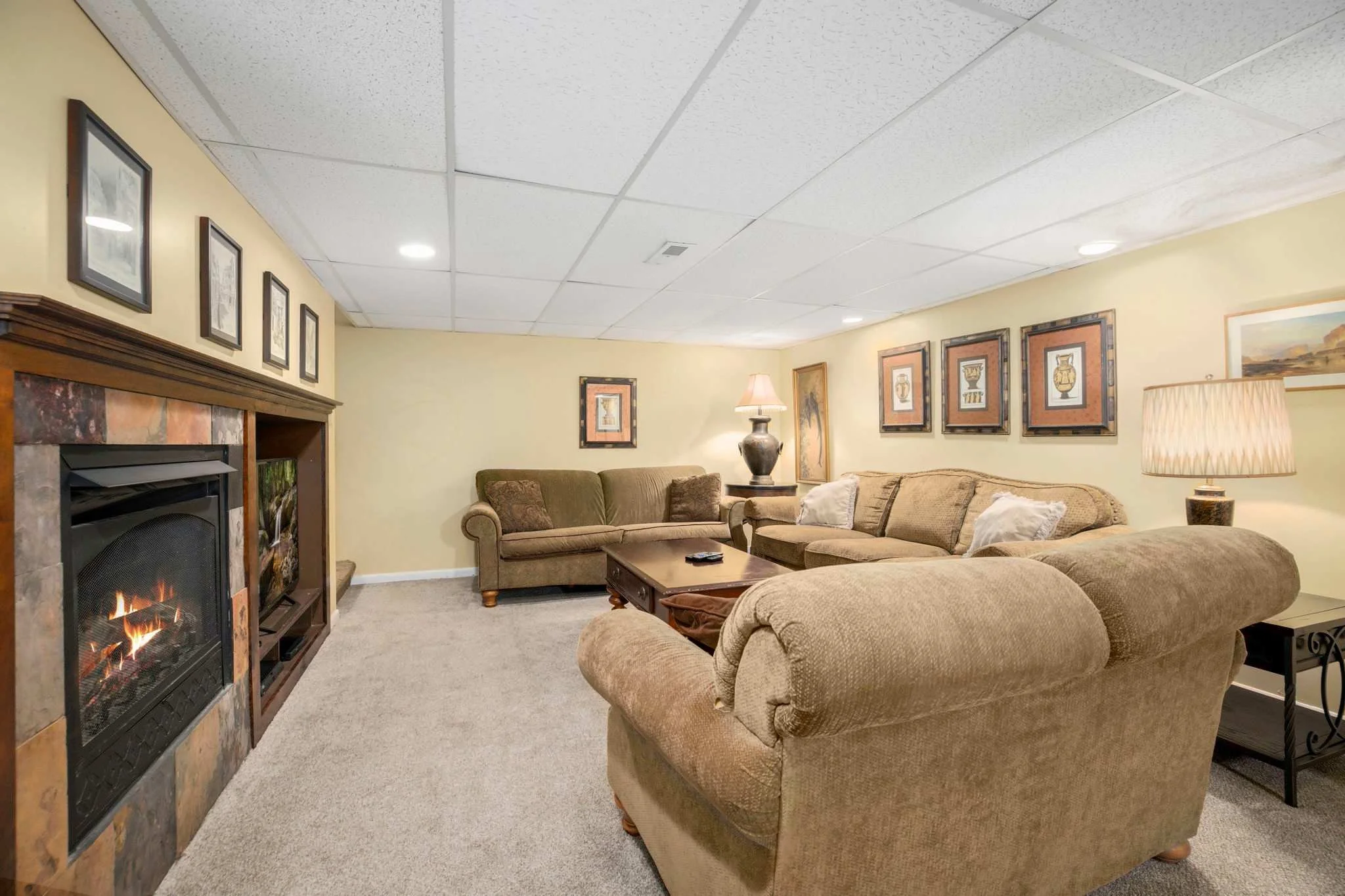 From the comfort of large cozy couch and love seats, come together for a fireside movie night on our large TV with cable.