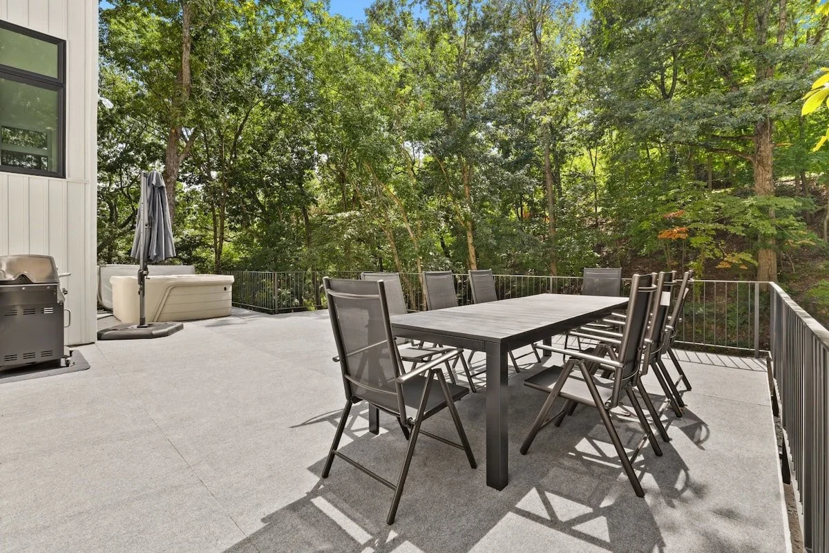 Grill, dining for 8 and hot tub.