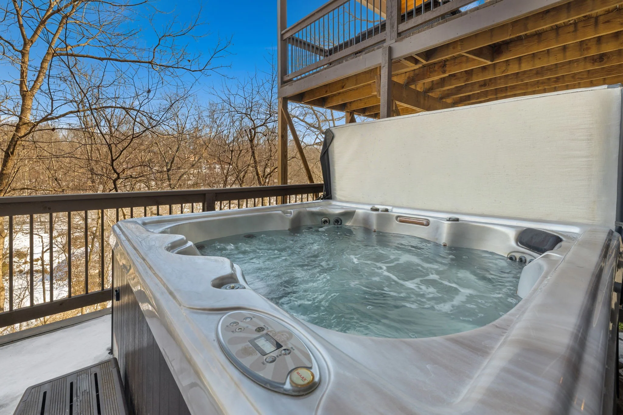 Relax in the hot tub, accessible from the game/recreation room balcony.