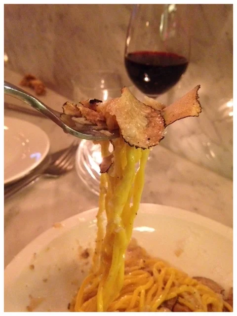 Pici, a forkful of pasta with truffles