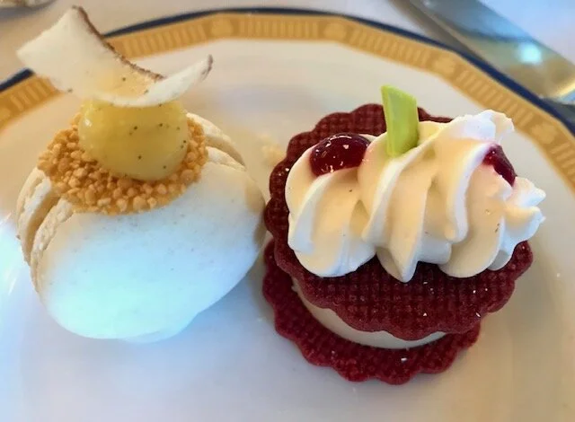 Astonishingly delicious coconut macaron and cookie filled with chestnut mousse and a bit of scrumptious jelly.