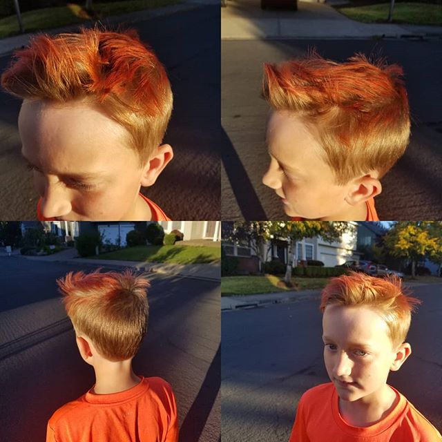 My lil man loves red hair!! This time I balayaged some red tips. Getting us ready for our Disneyland trip next week!!