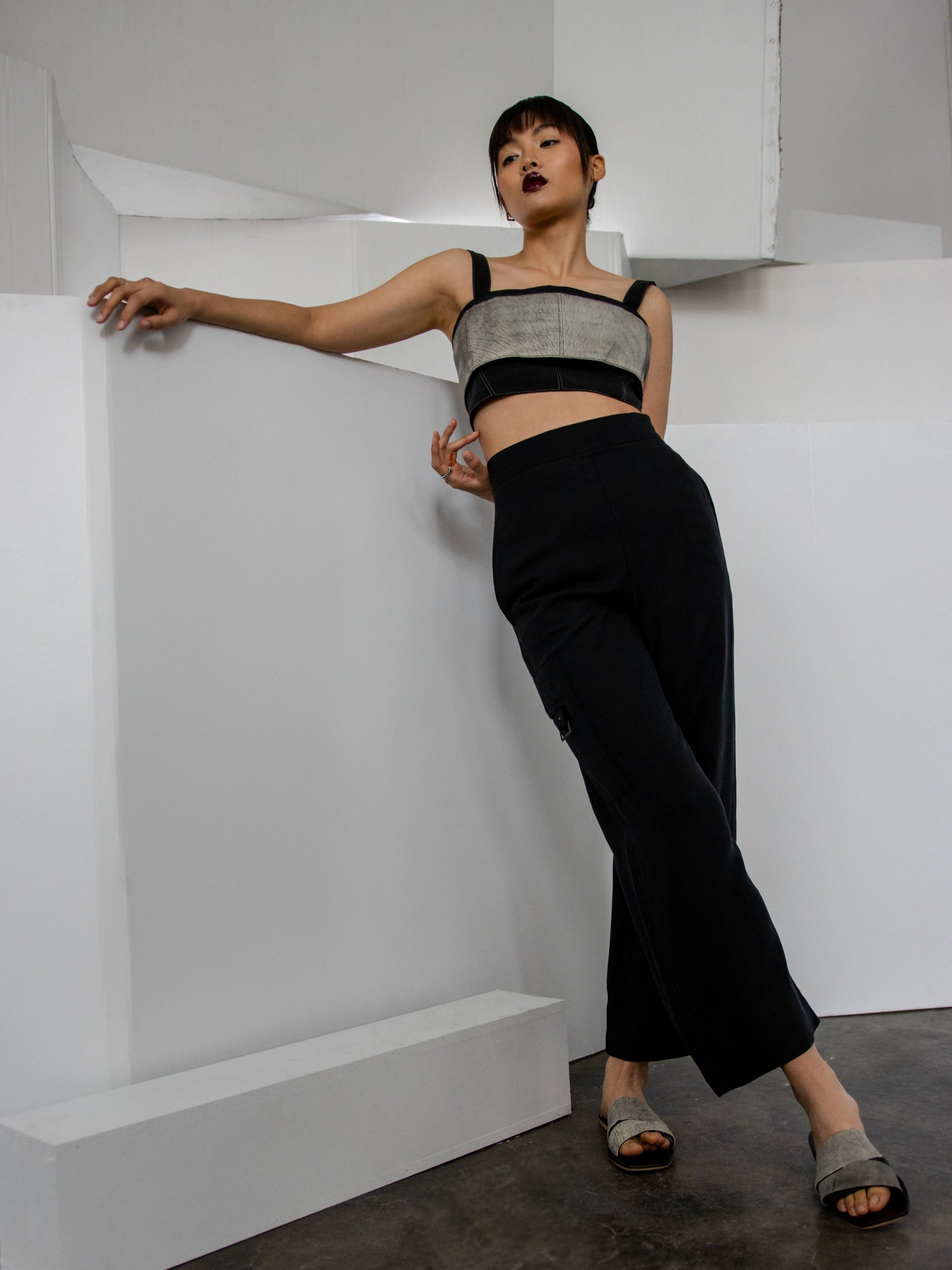 Ulma top- Zero waste leather top and black trousers