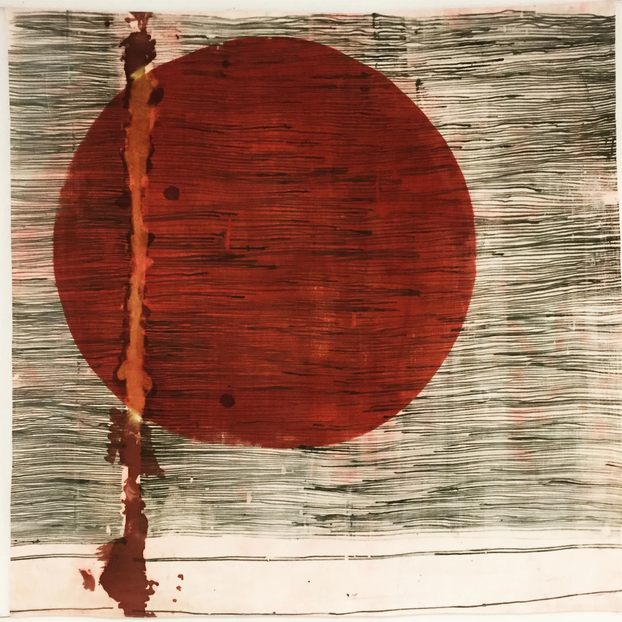   Bindu I   Silk screen printing, Bleach and screen printing ink on canvas cloth, 35 x 35 in, 2017 