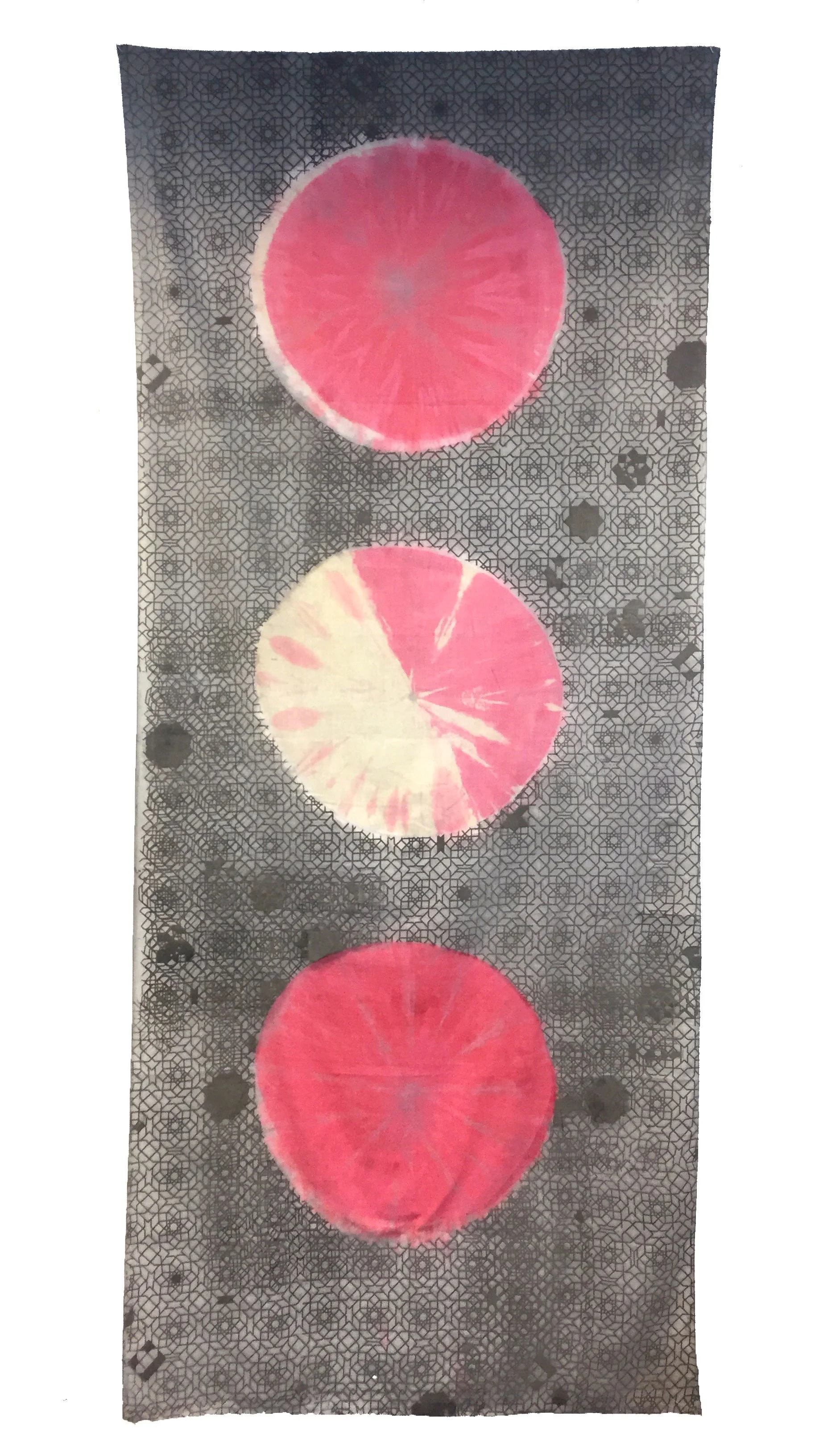   Bindu II   Silk screen printed, Suede, bleach and ink on cotton, 104 x 45 in, 2017 
