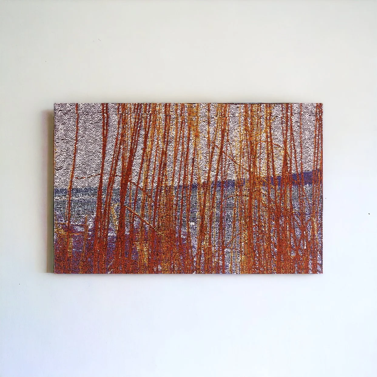   Lake of Geneva , Hand woven jacquard,  Cotton and acrylic yarn, 23 x 37 inches, 2023      