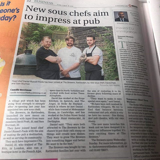 BREAKING NEWS:
Have you seen the news today?
Our chefs are featured in @buryfreepress this week. We are super excited to introduce @davidrichardpratt2019 and @chefsturman who have joined our Head Chef @chefdanrussell888 here at The Brewers.
The new menu has launched and we have a couple of place still available this weekend. Please give us a call if you would like to sample the amazing dishes these 3 talented chefs have prepared for you.
#localpub #chefsofinstagram #burystedmunds #breakingnews #freshfood #suffolk #instafood #quality #new #oneteamonedream