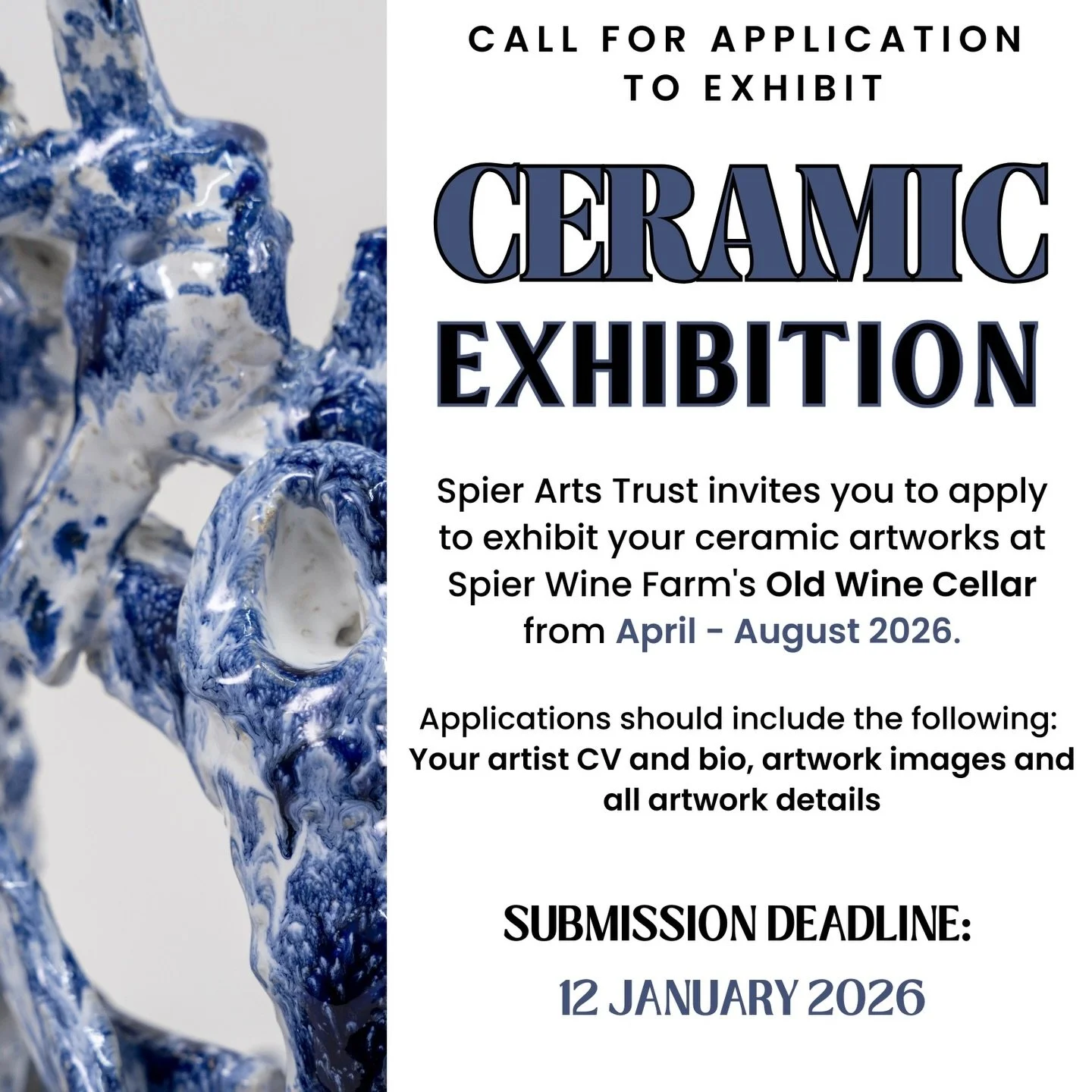 Posting on behalf of Spier Arts Trust @spierartstrust 

Spier Arts Trust announces the return of its popular winter ceramics exhibition at Old Wine Cellar, Spier Wine Estate in Stellenbosch, opening 20 April until 30 August 2026. Its current open cal