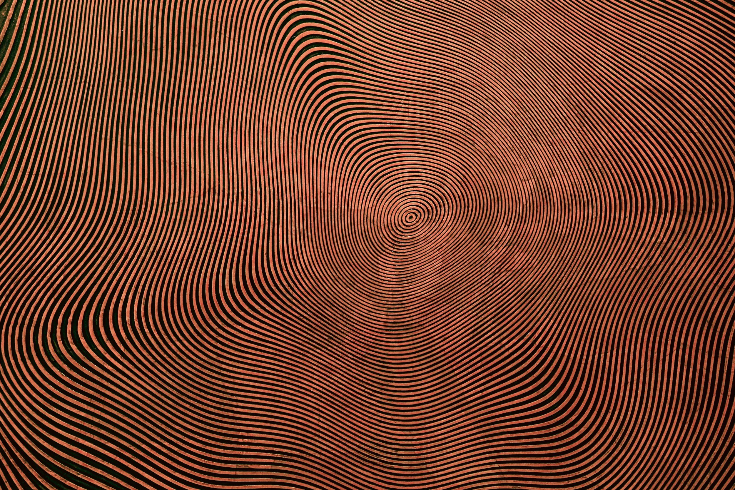 Close-up of a wooden surface with concentric and wavy black lines creating a pattern.