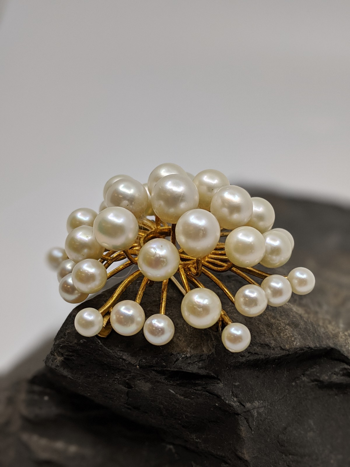 14K Yellow Gold Pearl Cluster Flower Bunch Pin Brooch