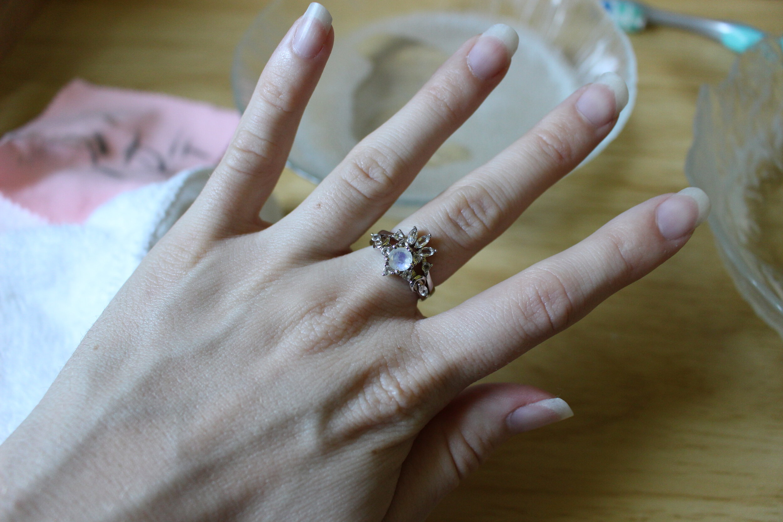  This ring has been rhodium plated so tarnishing isn’t a concern, but it is good to make sure there is no build up of dirt, oil, or dust. 