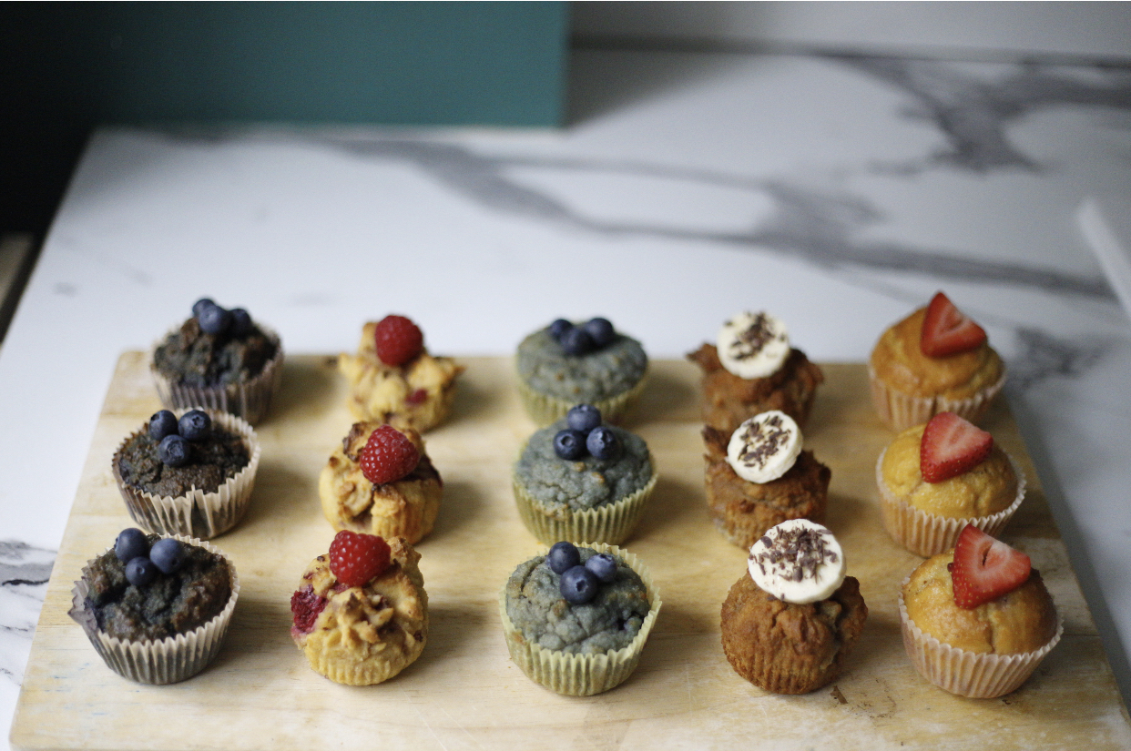 blackberry, raspberry, blueberry, banana + coffee, strawberry cupcakes