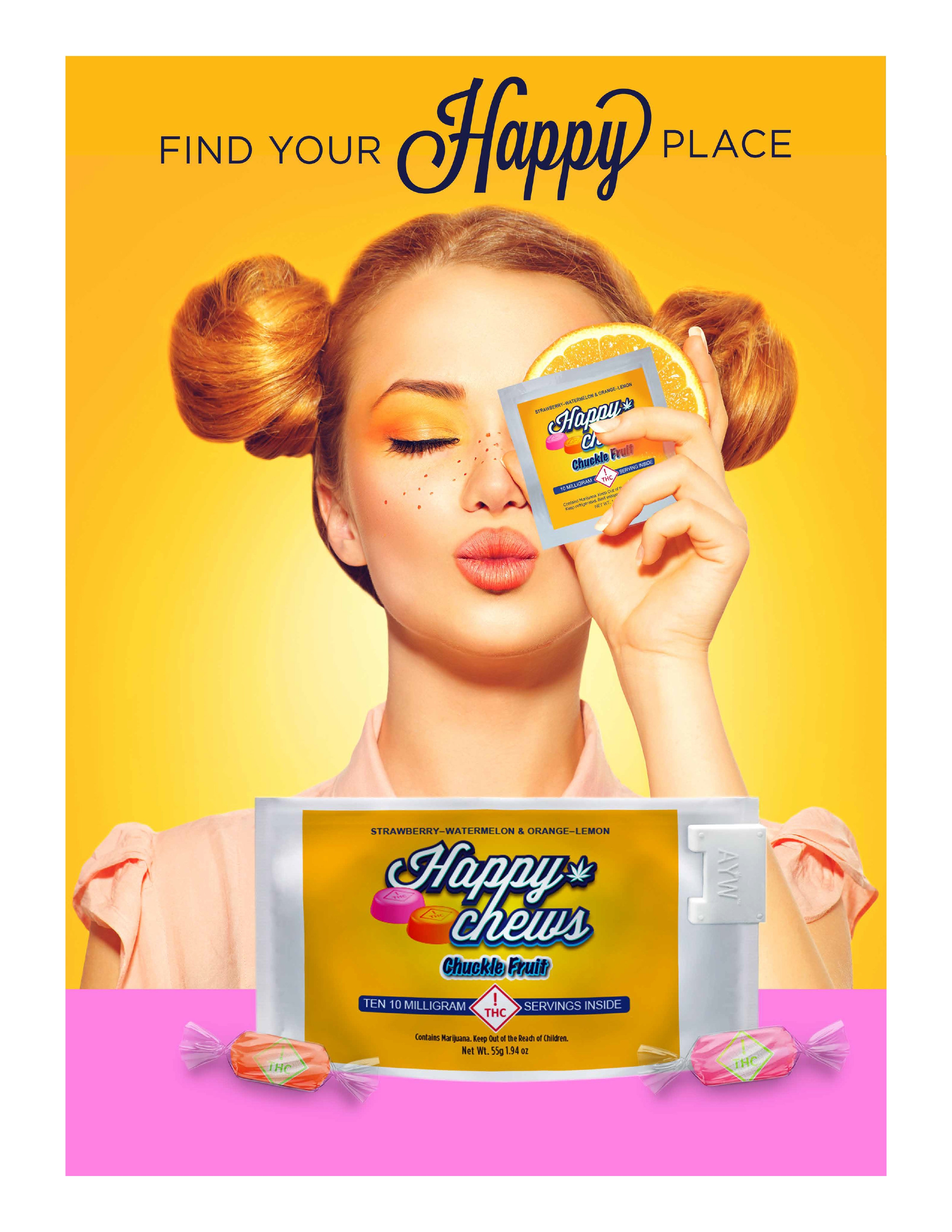  Happy Chews are delicious Cannabis-Infused fruit flavored taffies. Available in 10mg Single Serve &amp; 100mg Multiple Serving sizes.   Chuckle Fruit &nbsp;(Strawberry-Watermelon &amp; Raspberry-Apple) Giggle     Berry &nbsp;(Strawberry-Blueberry &a