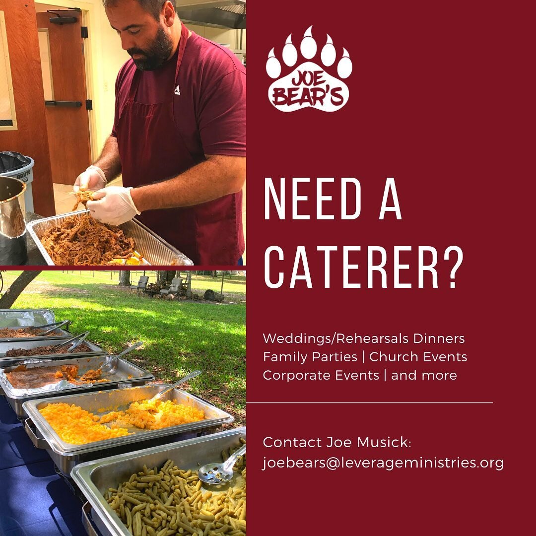 Are you planning an event and need a caterer? Contact Joe Bear&rsquo;s Barbecue at joebears@leverageministries.org. We do wedding receptions and rehearsal dinners, church and community events, family dinners, athletic banquets and more!

.
.
.
.
.
.
