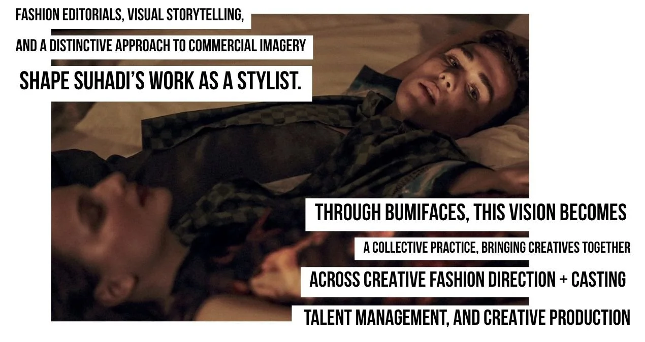 A person lying on a bed with another person partly visible, and overlaid text about fashion editorials, visual storytelling, and creative collaboration in fashion styling.